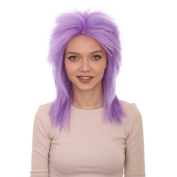 HPO Adult Unisex 80's Punk Rocker Mullet Wig – Premium Breathable Capless Cap with Flame-Retardant Synthetic Fiber | Ideal for Cosplay, Halloween, and Anime Party - Lilac
