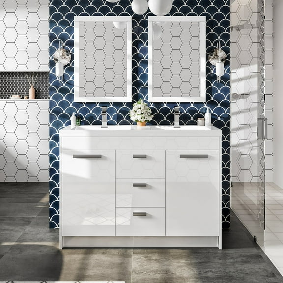 Eviva Lugano 48" White Modern Double Sink Bathroom Vanity w/ White Integrated Top