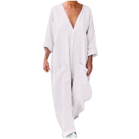 Womens Playsuits Ladies Casual Jumpsuit 3/4 Sleeve V Neck Button Down One Piece Rompers with Pocket Loose Solid All In One Bodysuit Outfit Baggy Long Overall Pants
