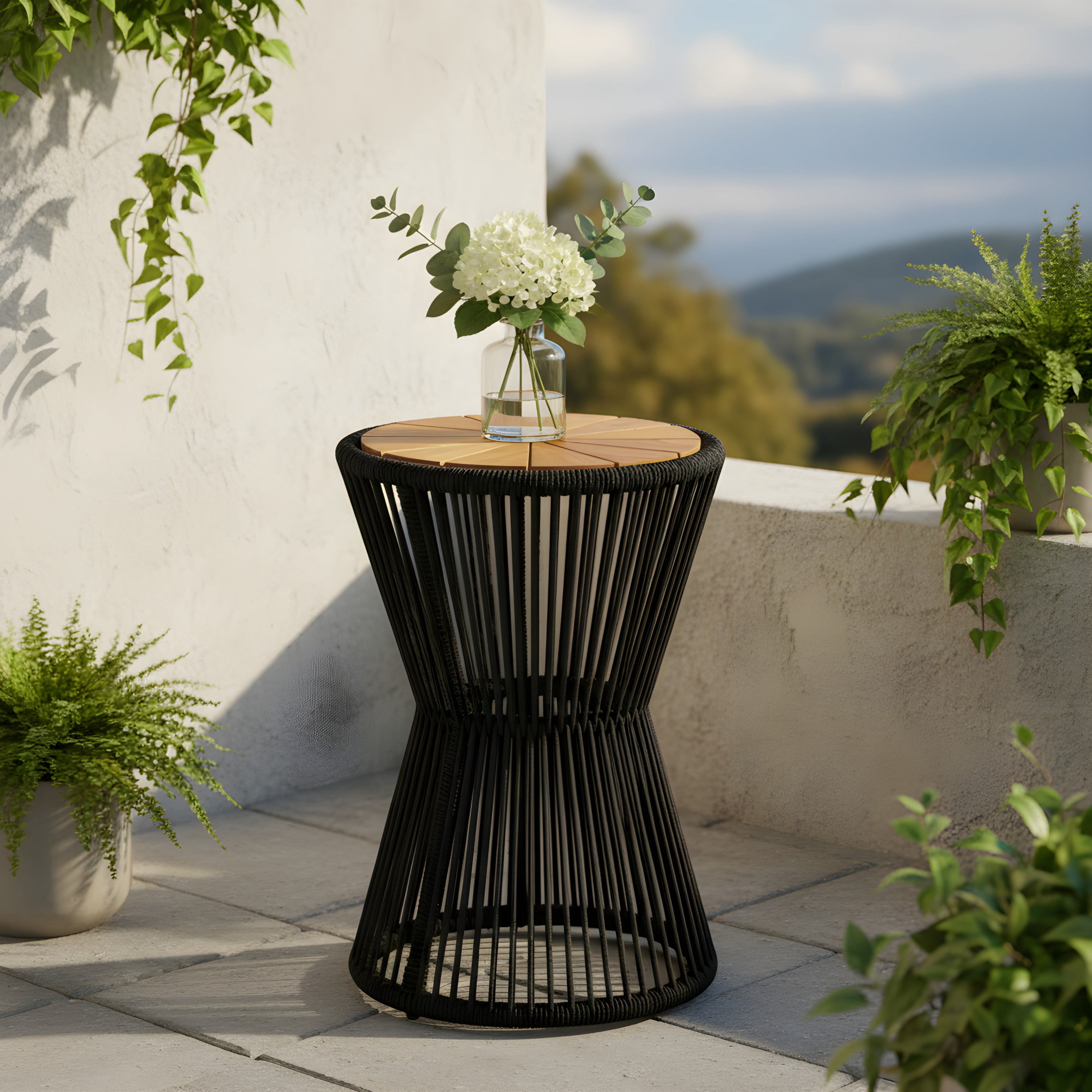 Side Table, Outdoor Black Rope and Acacia Wood Hourglass Design Table for Patio Deck, Teak