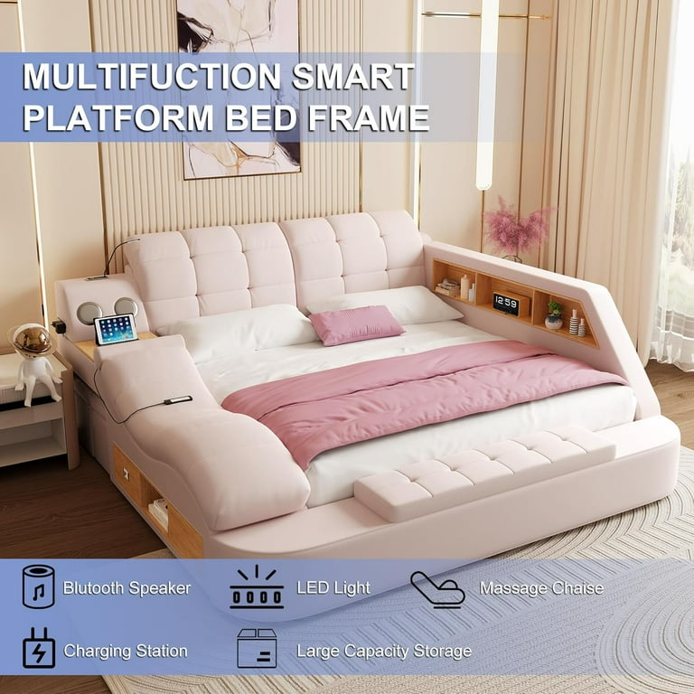 Multifunction Smart King Bed Frame, Upholstered Platform with Massage Recliner, Storage Drawers, Bluetooth Speaker, USB Charging Port, Adjustable Headboard