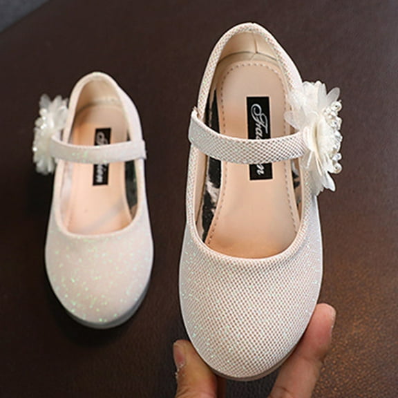 eczipvz Toddler Shoes Children Leather Single Shoes Fashion Pearl Big Flower Girl Small Leather Shoes Children Princess Dress Shoes for Girls (Beige, 10.5 Little Child)