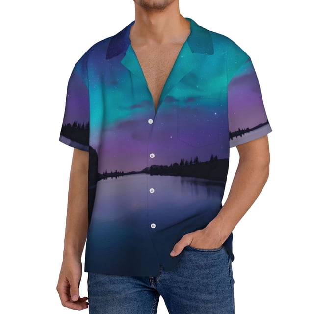 Fotbe Night At Lake Aurora Camisa Estampada de Manga Corta para Hombre, Casual de Verano, Estilo Playero, Sin Arrugas-Large