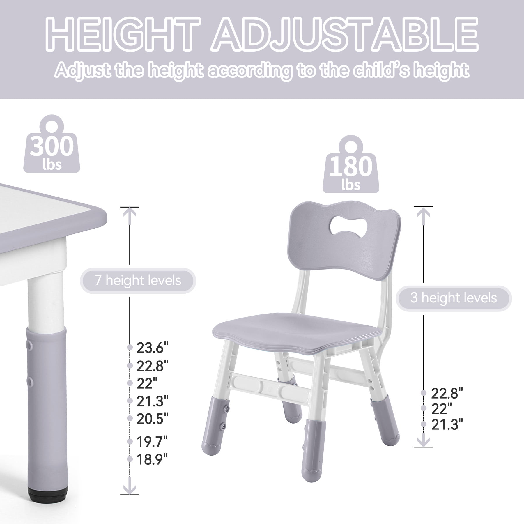 DOREROOM Toddler Table and Chairs Set for 4, 47.2''L x 23.6''W Kids Study Table and Chair Set, Height-Adjustable, Graffiti Desktop, Children Activity Table for Daycare, Classroom, Home