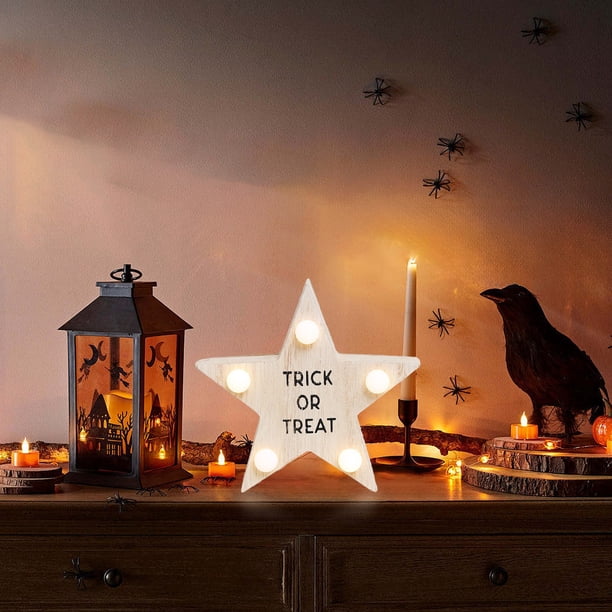 Adorno de Halloween con forma de calabaza de madera, murciélagos, estrella, luz LED