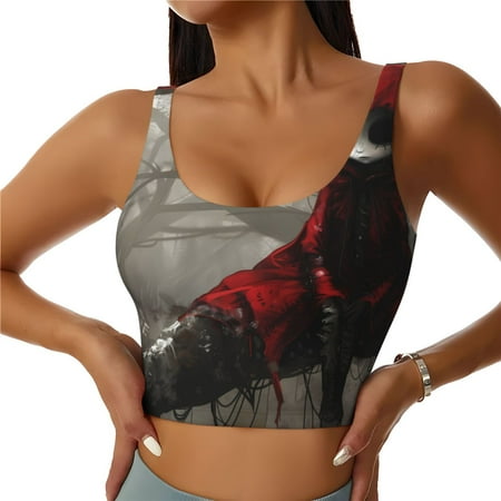 Cauagu Dark Red Hooded Girl Pattern Sports Bras for Women Round Neck Sports Bra Workout Crop Tank Tops Padded with Built in Shelf-X-Large