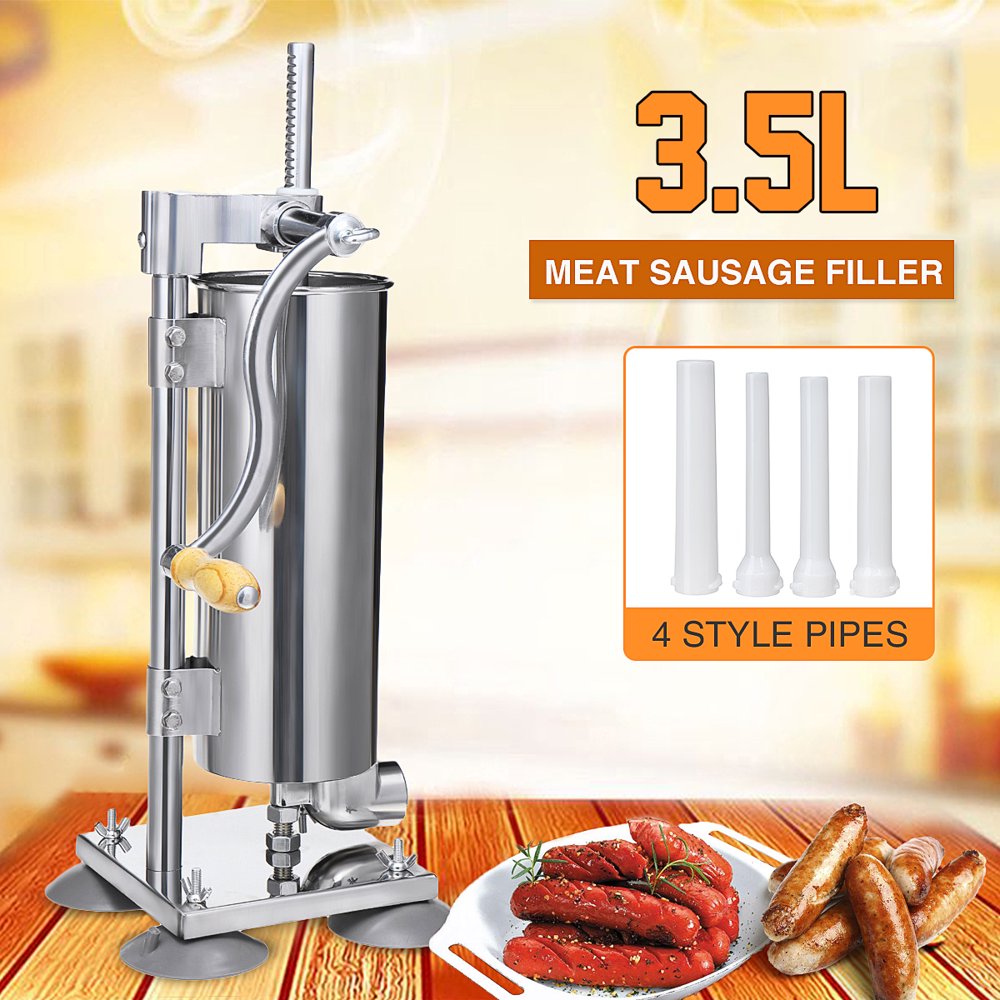 3.5L 8.5LB Stainless Steel Mute Manual Vertical Sausage Filler w/ 4 Suckers And Tubes Salami