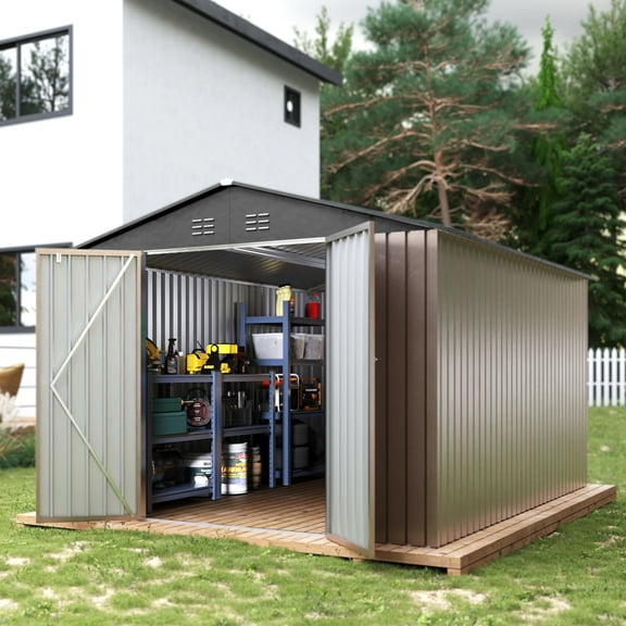 TROPOW Storage Shed 8x10 FT Metal Shed Galvanised Steel Garden Shed with Lockable Doors Outdoor Waterproof Shed for Bike Storage, Tool Storage, Temporary Storage