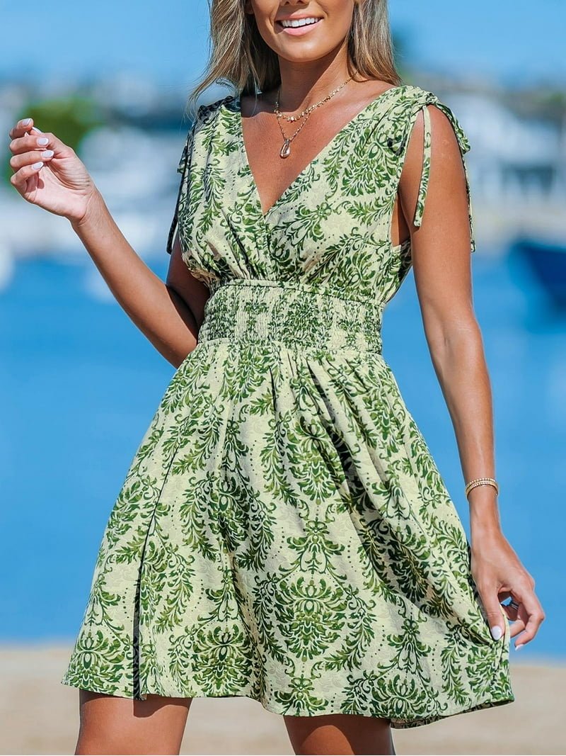 Cupshe Women's Mini Dress V Neck Sleeveless Shoulder Tied Paisley Smocked  Waist Beach Summer Dress - Walmart.com