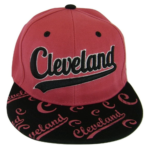 Cleveland Script Print on Bill Adjustable Snapback Baseball Cap (Hot Pink/Black)