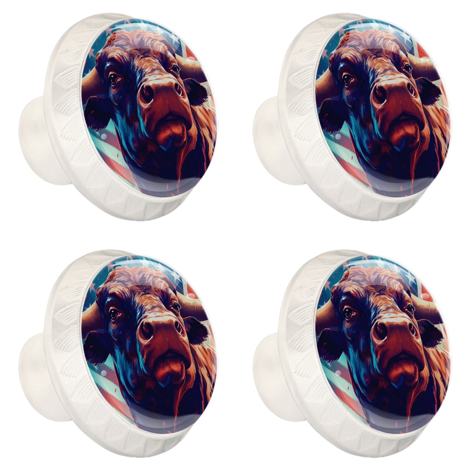 4 Pcs Cow American Flag Knobs for Kitchen Cabinet Cupboard Dresser Bookcase Drawer Pulls Handles Round Home Decor