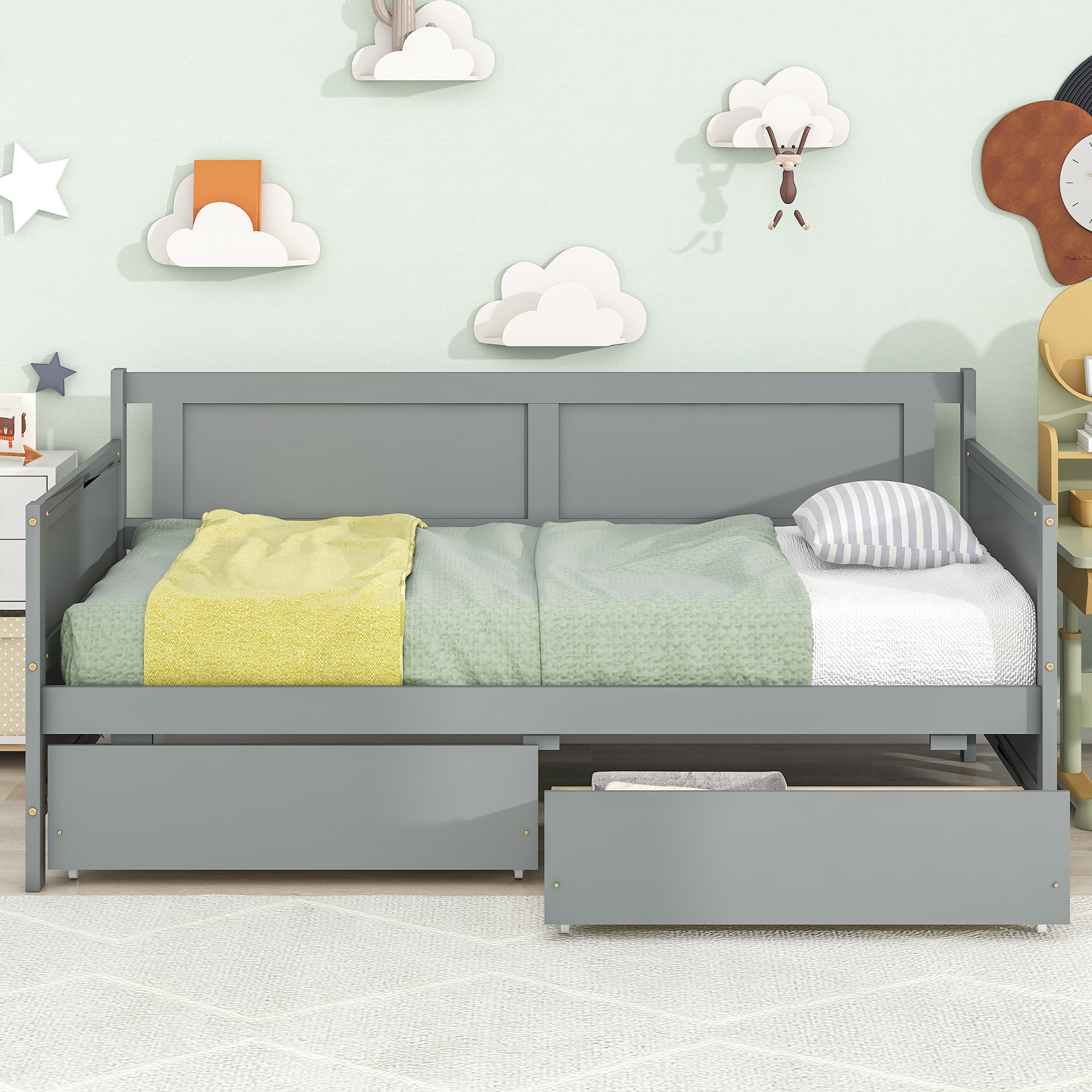 Miniyam Wooden Twin Size Daybed with 2 Drawers, Sofa Bed for Bedroom Living Room, Gray