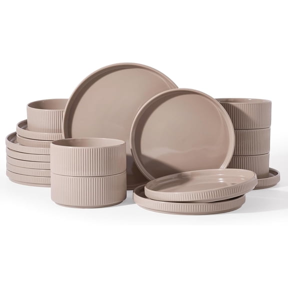 Stoneware Dinnerware Set for 6 People 18-Piece Brown Ceramic Plates and Bowls with Lipped Edges Microwave and Dishwasher Safe