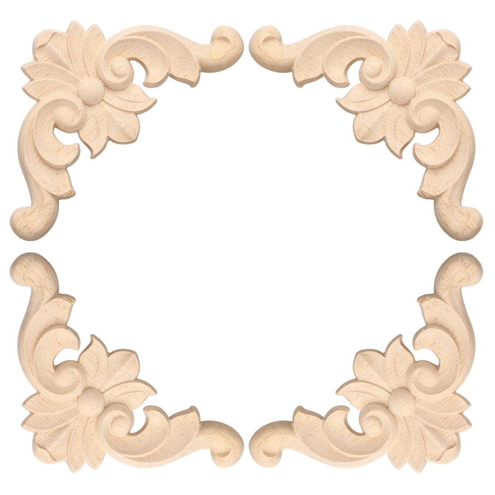 Unique Bargains 4Pcs Unpainted Floral Carved Wood Appliques Onlays 12x12cm