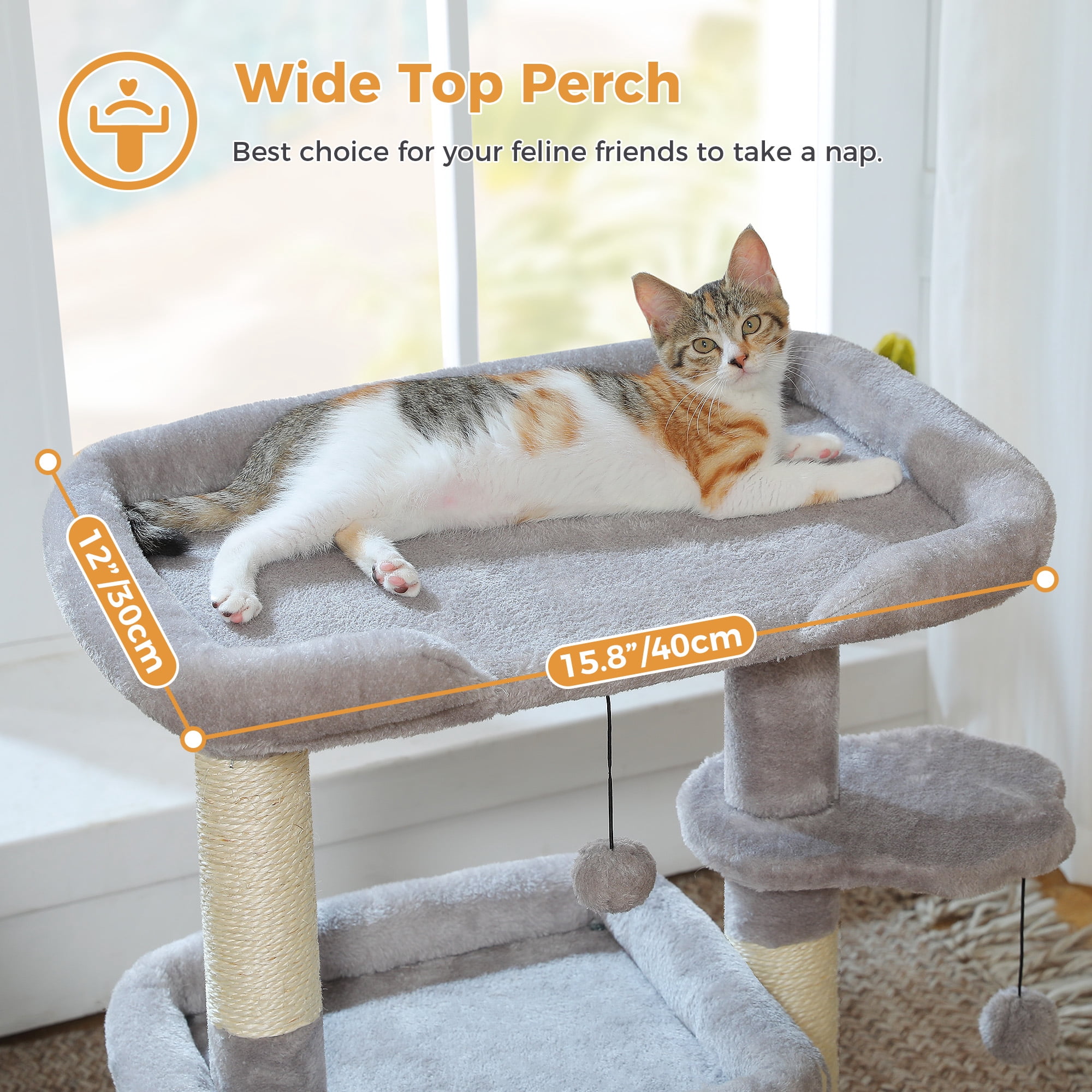 PAWZ Road 27" Cat Tree Tower with Large Perch, Scratching Posts, Cat Condo for Medium Cats, Gray