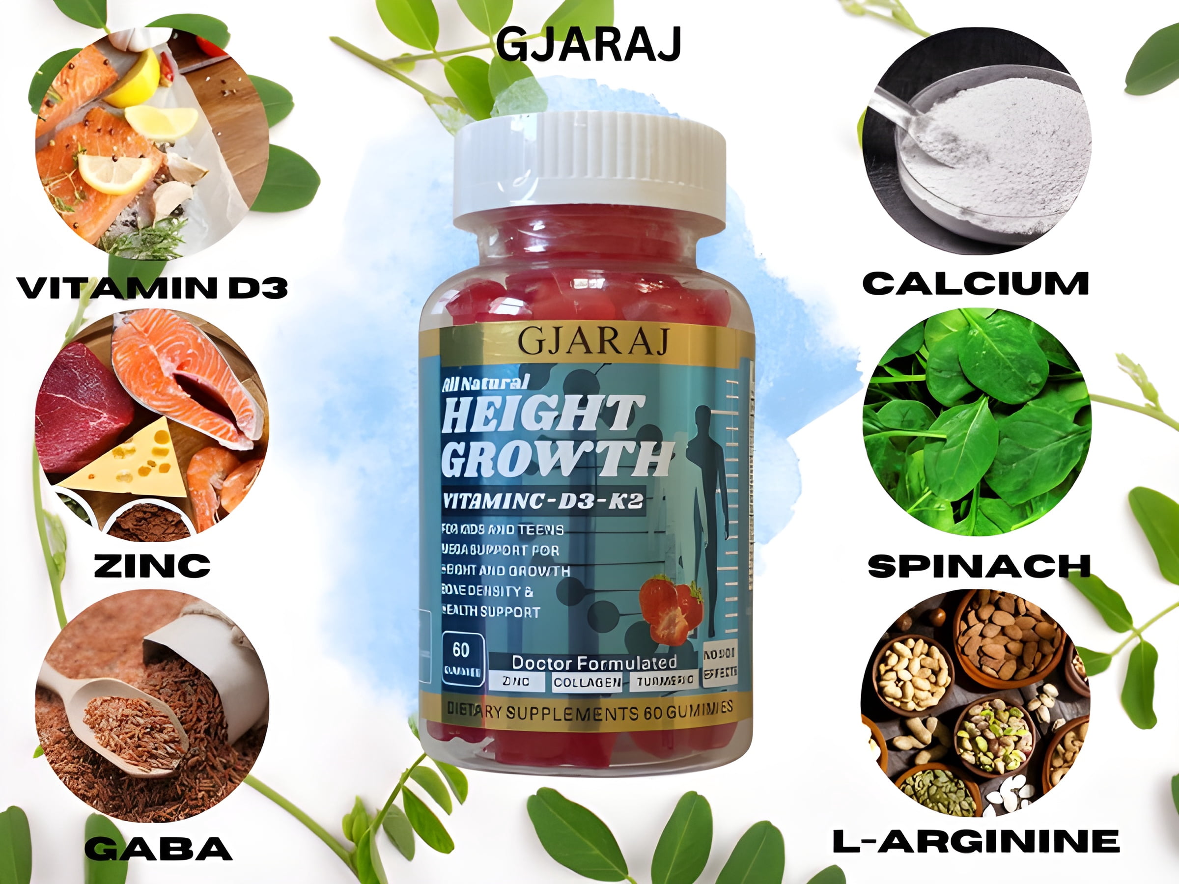 GJARAJ Height Growth Maximizer Natural Vitamins for Bone Growth (Strawberry Flavored Gummies) MADE IN USA