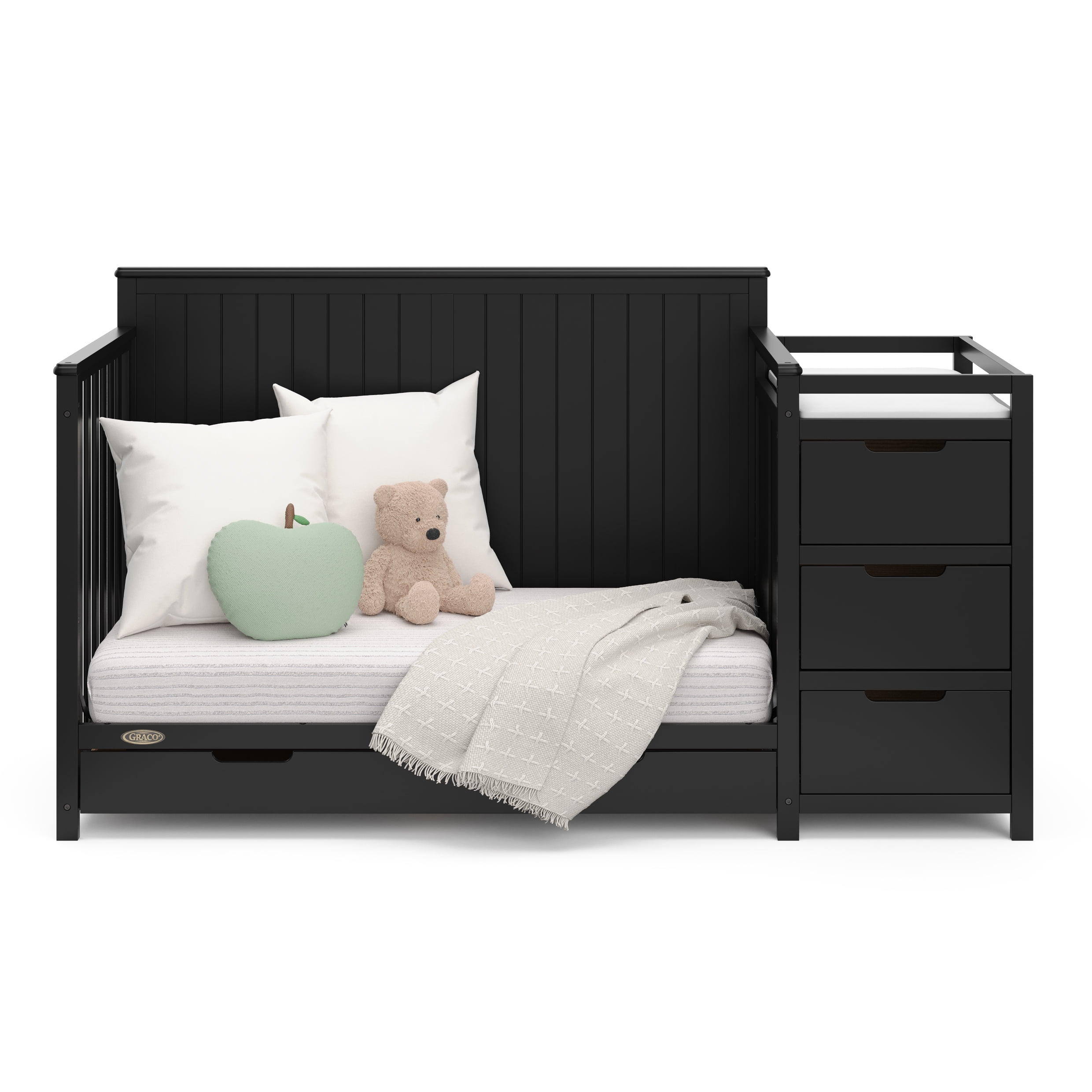 Graco Hadley 5-in-1 Convertible Crib and Changer and Premium Crib & Toddler Mattress Bundle, Black