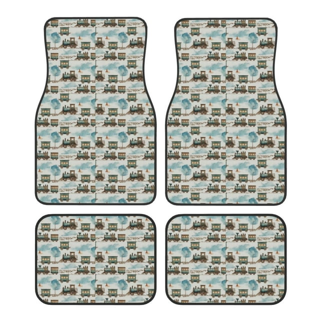 Lsque Transport Train Print 4-Piece Floor Mats, Heavy-Duty Rubber Liners, Anti-Slip Design, All-Season Automotive Protection, Vehicles, Cars, Trucks, and SUVs