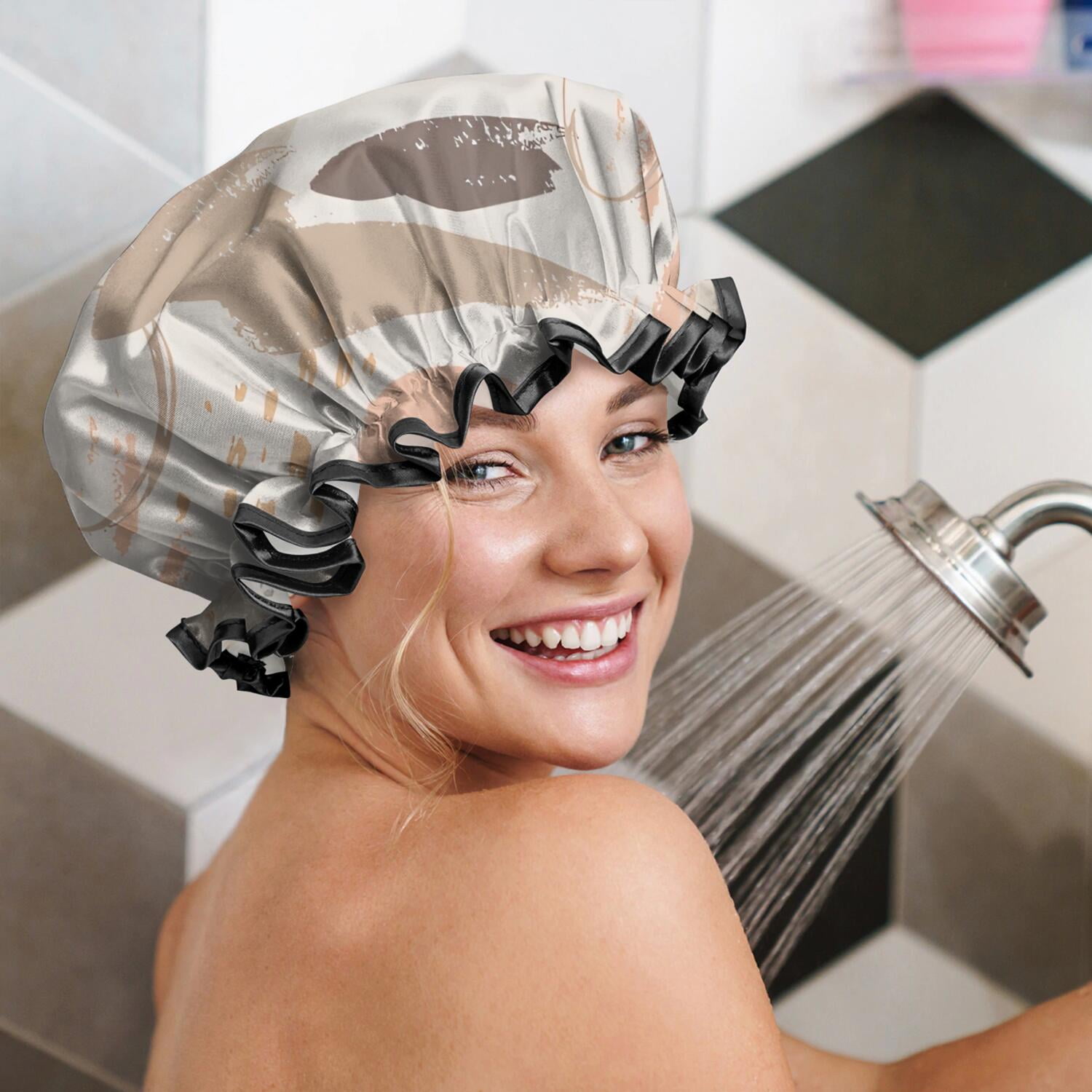 Shower Caps,Brown Boho Abstract Pattern Waterproof Shower Cap for Women 4 Pieces,Double Reusable Hair Cover for Shower PEVA Elastic Stretch Hem