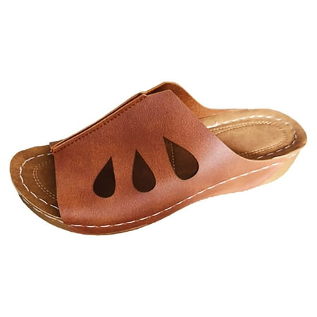 

HTGFGMGW Womens Slide Sandals Women s Beach Slope Heel Slippers Hollow Casual Slippers Slope Bottom Shoes Retro Sandals Hiking Sandals Women Brown