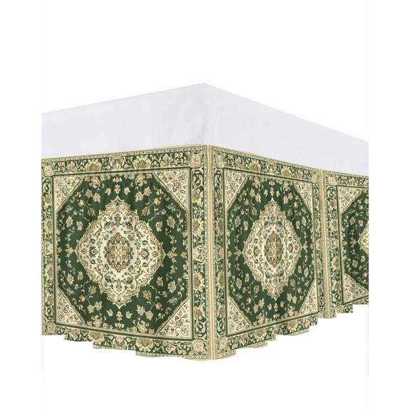 Vintage Ethnic Floral Bed Skirt Queen Size 18" Drop Retro Green Classical Bohemian Style Ruffled Wrap Around Bed Skirts Adjustable Elastic Bedskirt Dust Ruffle for Queen Size Bed