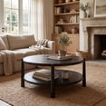 thumbnail image 3 of Dayalane 34.5" Mid-Century Modern Round Coffee Table Shelf, 2-Tier Center Table with Solid Wood Frame, Farmhouse Circle Coffee Table for Living Room Office, Black, 3 of 11