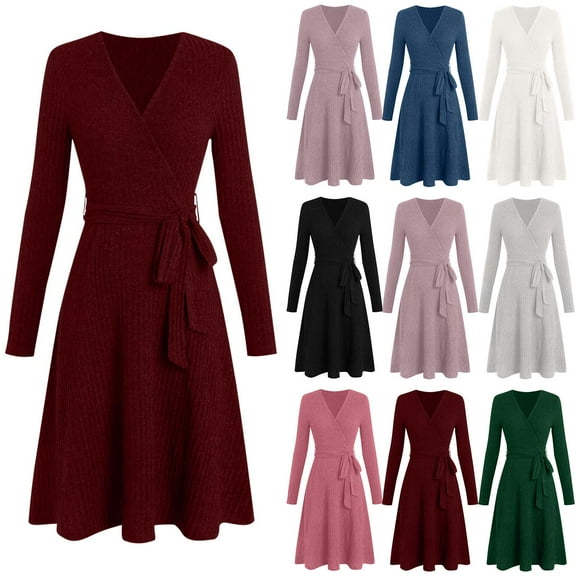 Busydd Dresses for Women Trendy Pleated V Neck Formal Wedding Guest Dress Casual Solid Color Tunic Long Sleeve Dress for Women S