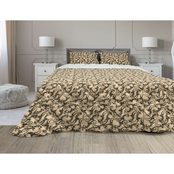 Salamander Comforter & Sham Bedding Set, Reptile Animal Lizards with Tribal Ornaments and Motifs Repetition, 3 pcs Duvet Set Microfiber Filling Quilt, 5 Sizes, Peach and Charcoal Grey, by Ambesonne