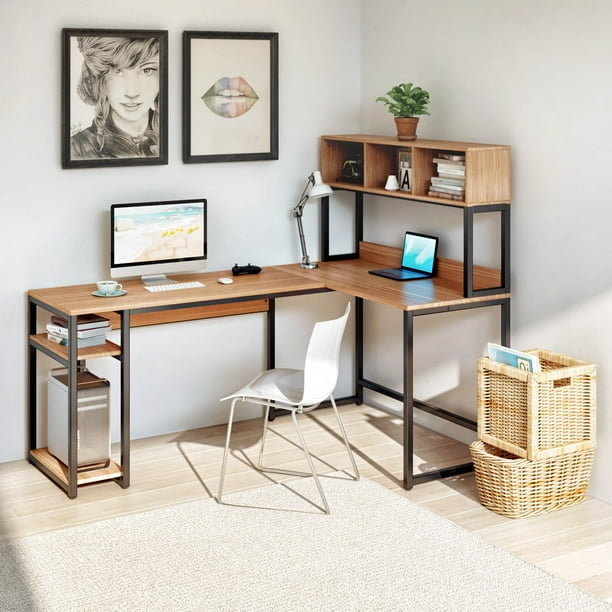 Vipek L Shaped Desk With Hutch 69 Large Computer Gaming Table Pc Workstation Study Writing Storage Bookshelf Space Saving Corner For Home Office Suntalam Walnut Com Vipek L Shaped Desk With Hutch 69, Industrial L Shaped Desk With Hutch