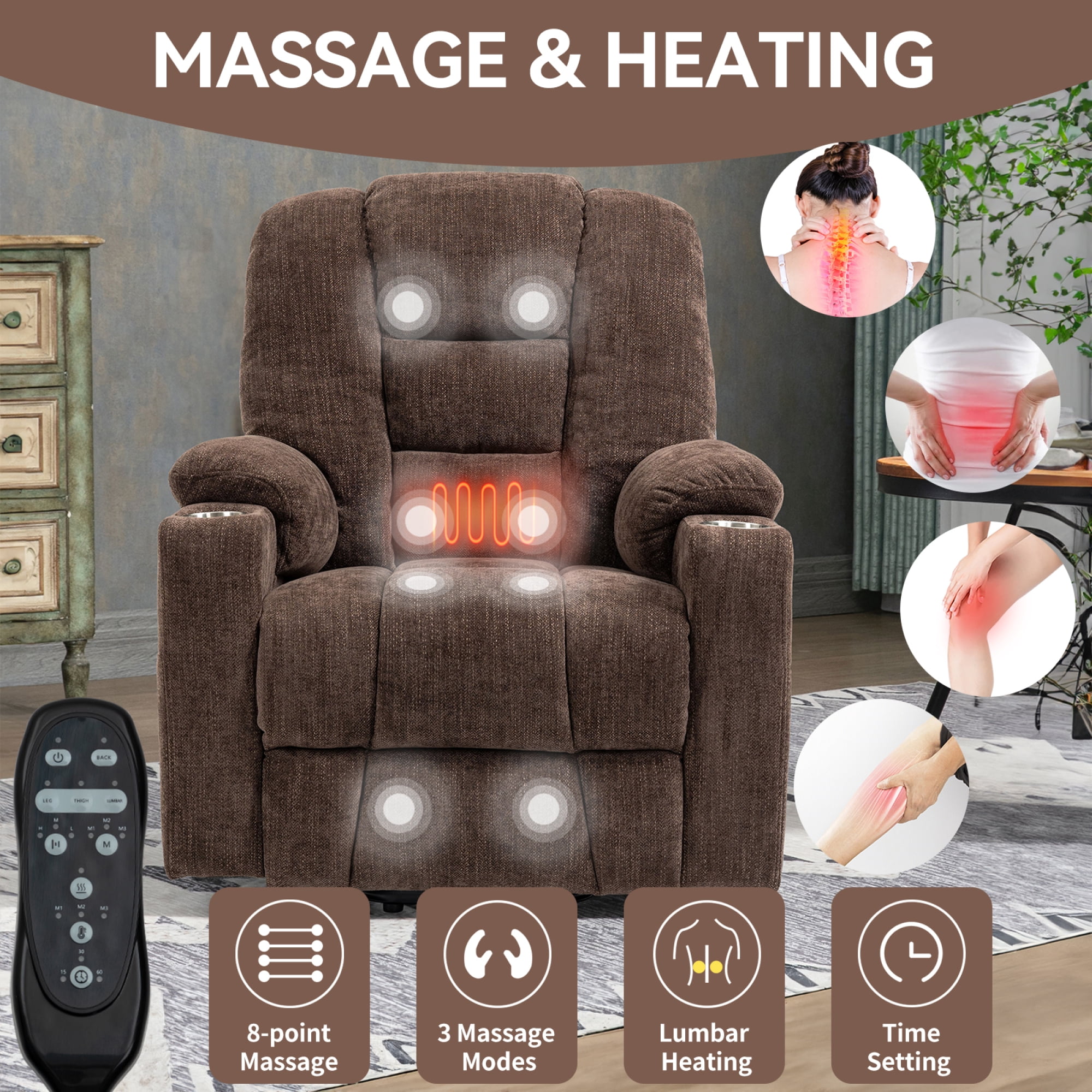 Large Power Lift Recliner Chair with Massage and Heat for Elderly,Chenille Overstuffed Wide Recliners with USB and Type C Ports, 2 Steel Cup Holders,Brown