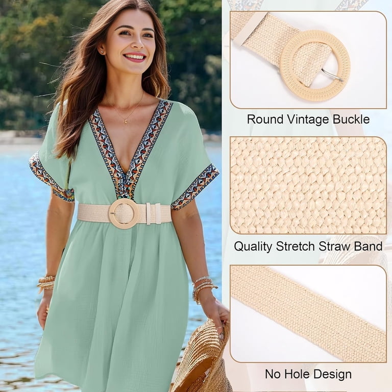 3 Pack Women Straw Woven Elastic Belts Wide Stretch Raffia  display picture 1