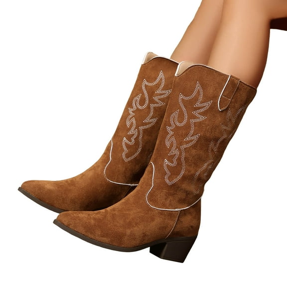 Retro Wide Calf Cowboy Boots for Women Roman Embroidered Suede Chunky Mid Heel Cowgirl Tall Boots Brown Size 6