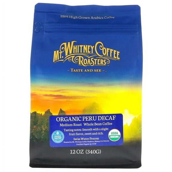 Mt. Whitney Coffee Roasters, Organic Peru Decaf, Medium Roast Whole Bean, 12 oz