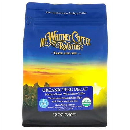 Mt. Whitney Coffee Roasters, Organic Peru Decaf, Medium Roast Whole Bean, 12 oz