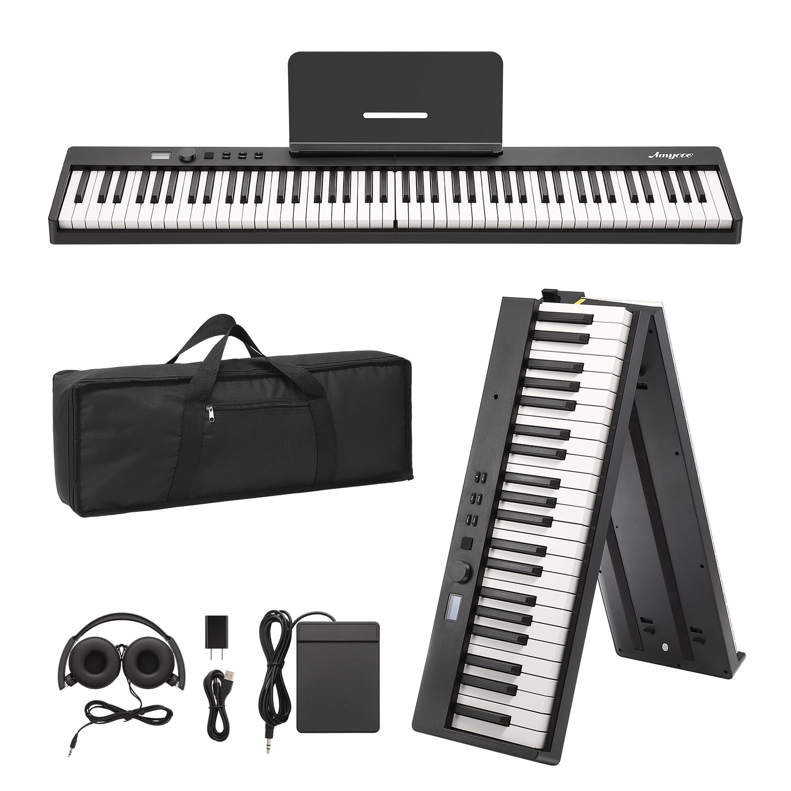 AOILE Complete 88-Key Folding Piano Keyboard Bundle - Full Size Digital Piano with Stand,Pedal, Headphones, Handbag, USB MIDI, Multifunctional for Beginners & Adults, Multifunctional Con