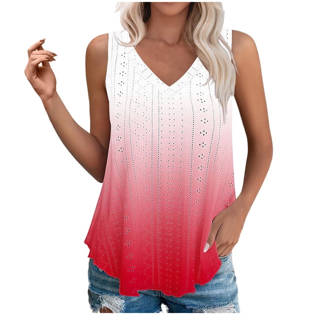 Plebaso Womens Tank Tops V Neck Gradient Lightweight Eyelet Shirts Flowy Loose Summer Sleeveless Blouses