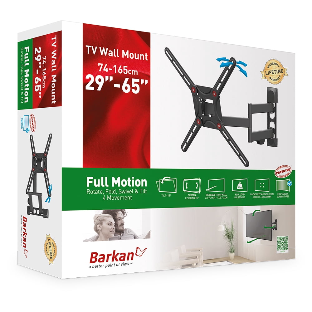 Barkan TV Wall Mount, 29-65 inch Full Motion Patented Flat / Curved Screen Bracket, Holds up to 88lbs., Patented, UL Listed, Fits LED OLED LCD