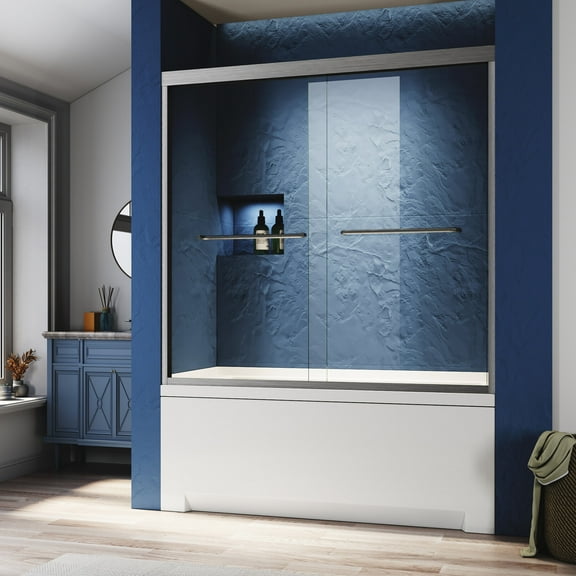 Sliding Glass Tub Door 56-60 in. W x 57 in. H Semi Frameless Double Bathtub Door Brushed Nickel Finish Certified Thick Tempered Glass 304 Stainless Steel Handles Adjustable Width for Easy Installation