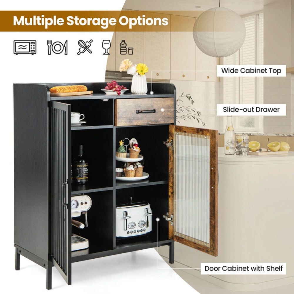 Finihen Kitchen Storage Cabinet, Buffet Sideboard, Kitchen Sideboard Buffet Industrial Pantry Cupboard with Metal Glass Door, for Dining Room, Kitchen, Living Room, Rustic Brown Finihen Kitchen Storage Cabinet, Buffet Sideboard, Kitchen Sideboard Buffet Industrial Pantry Cupboard with Metal Glass Door, for Dining Room, Kitchen, Living Room, Rustic Brown