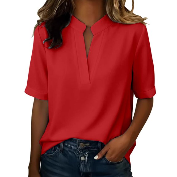 OIUUAK Womens V Neck Cotton T Shirts, Summer Casual Short Sleeve Flowy Loose Fit Basic Tees Tunic Trendy Outfits 2026 Soft Breathable Everyday, Red
