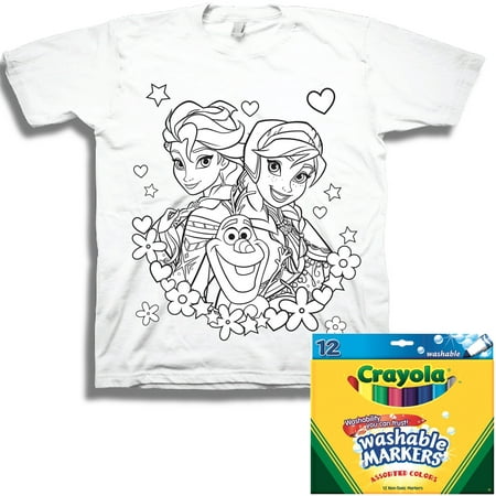 Girls` Graphic DIY Color Me Tee and Crayola Broad Line Washable Markers 12-Pack, Assorted Colors Collection.