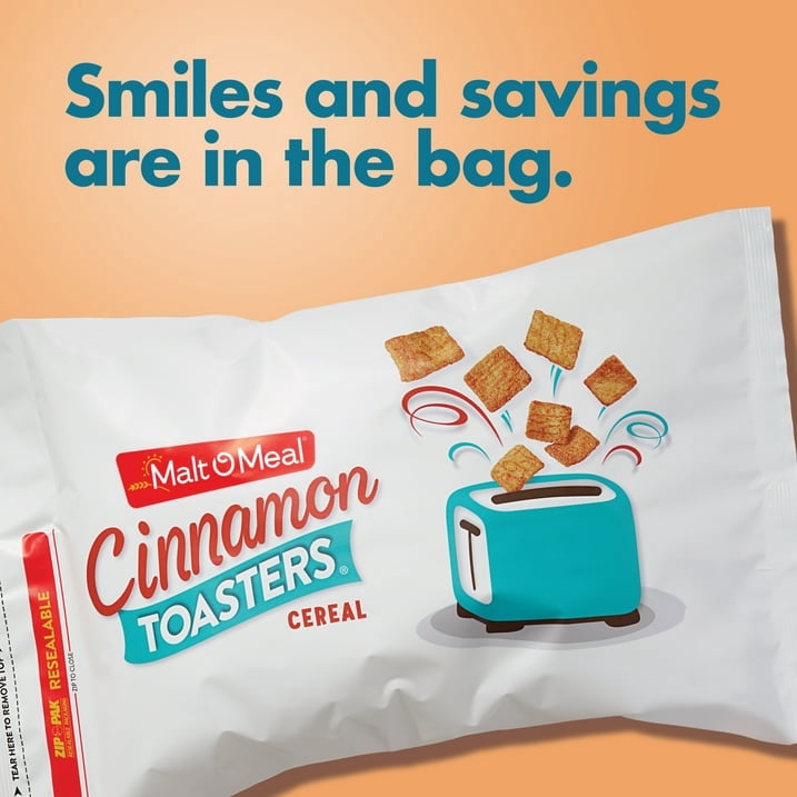 Malt-O-Meal Cinnamon Toasters Breakfast Cereal, Oven-Puffed Cinnamon Cereal Squares, Large Cereal for Family, 33 OZ Resealable Cereal Bag