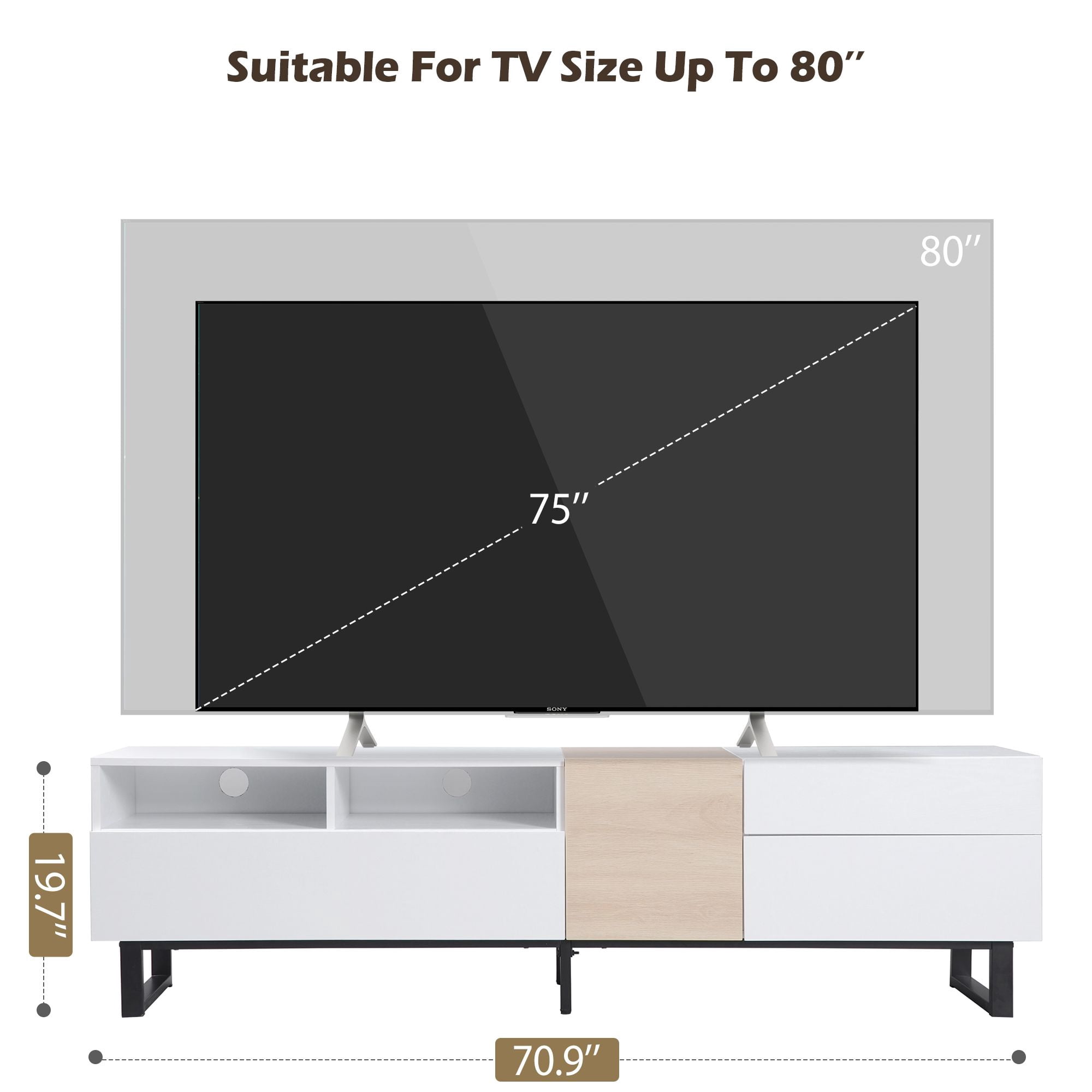 DEALTOPS Modern Minimalist TV Stand with Open Storage Shelves and Large Storage Space for TVs up to 80'' -White
