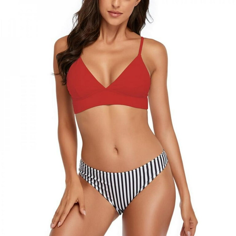 Women's Spaghetti Strap Bralette Bikini Set V-neck Two-piece Swimsuit,Triangle  Mid-Waist Padded Push Up Bathing Suit, Sexy Strip Bikini Set Adjustable  Strap Beautiful Back,Red S-XL 