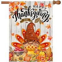 Thanksgiving Flag, Happy Thanksgiving Flags 28 x 40 Double Sided, Turkey Gnomes with Pumpkins and Fall Maple Leaves Give Thanks Burlap Large House Flag Banners for Outdoor Lawn Garden Decorations