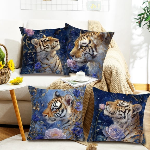 FEOLGEHLY Animal Print Patterns Decorative Throw Pillow Covers 18x18 in, Tiger Floral Motifs Soft Cushion Covers for Couch Recliner Bed Living Room Home Decor, Machine Washable (C)