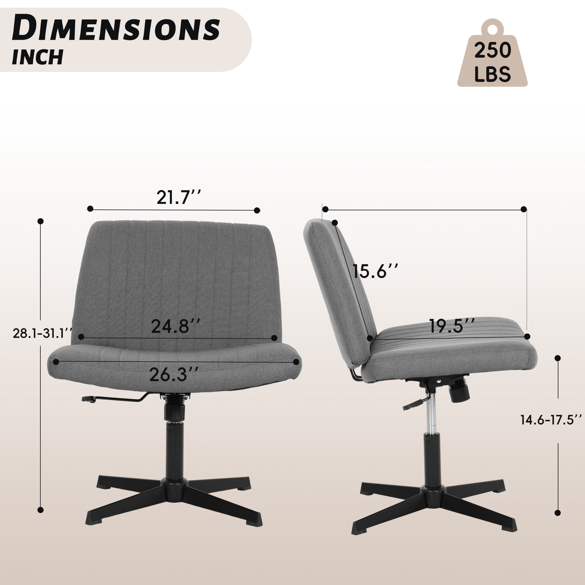 CL.HPAHKL Criss Cross Chair, Height Adjustable Comfy Computer Task Seating Modern Makeup Vanity Chair with Back No Wheels Armless Fabric Wide Desk Chair for Bedroom, Home Office (1, Grey)