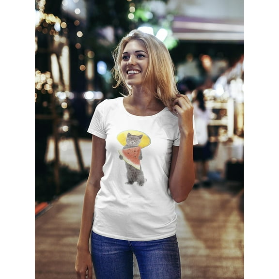Funny Summer Cat Watermelon T-Shirt Women -Image by Shutterstock, Female Medium