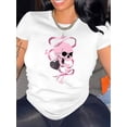 thumbnail image 1 of Camiseta rosa de moda con estampado de calavera para mujer. Cuello redondo informal, manga corta, algodón elástico, lavable a máquina. Perfecta para verano, ropa informal y para el tiempo libre., 1 of 6