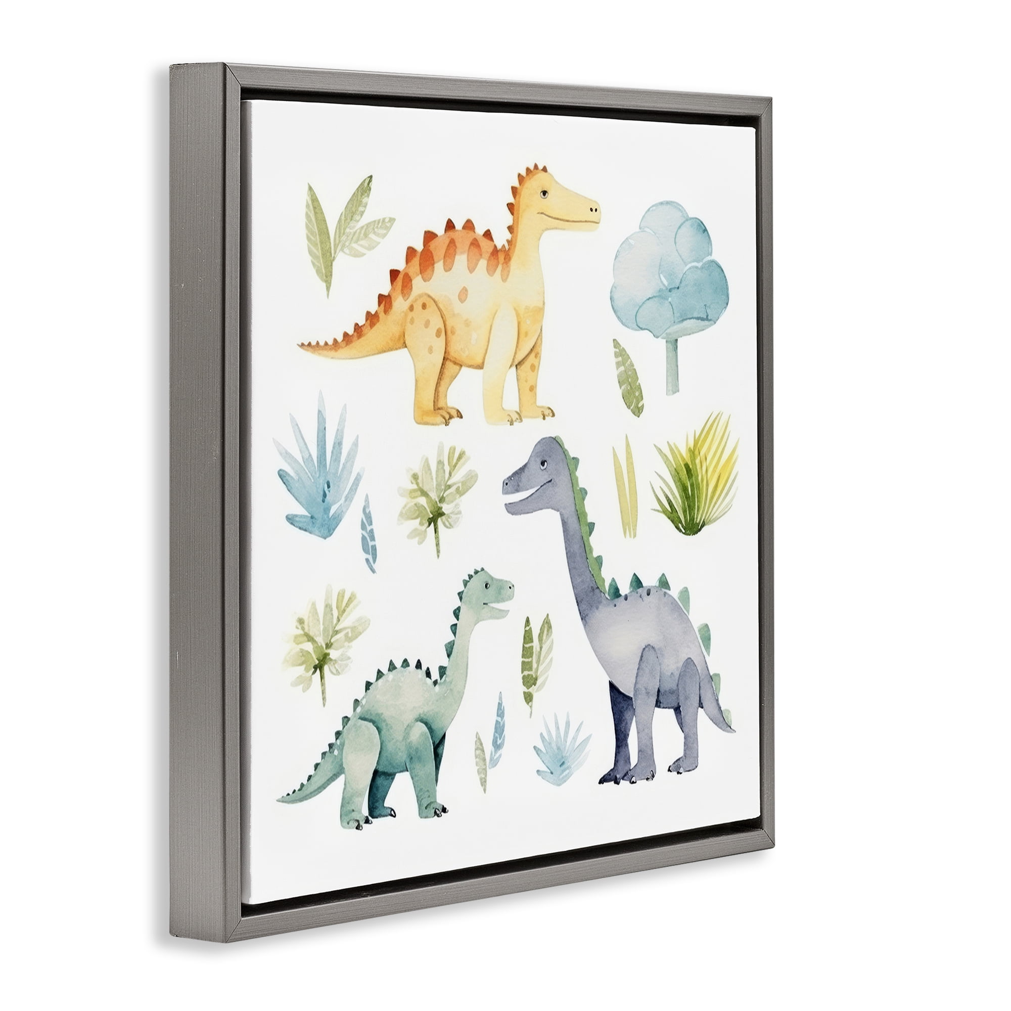 Stupell Industries Dino Wonderland Wonders Animals Painting Gray Floater Framed Canvas Art Print Wall Art, 25 x 25